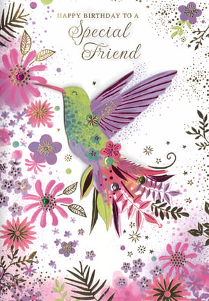 Celebrate special friendships with this delightful "Friend Female" birthday card from Simon Elvin. The design showcases a vibrant, die-cut hummingbird, beautifully embellished with sparkling gems, gracefully hovering among a garden of pink and purple flowers. Intricate gold foil details and subtle glitter accents add a touch of elegance and charm. With the warm message "Happy Birthday to a Special Friend," this card is perfect for conveying heartfelt wishes. Offer your customers this high-quality, visually appealing card, supplied in a convenient pack of 6.