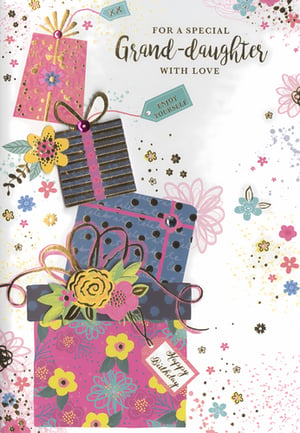 Make her day extra special with this delightful Granddaughter birthday card from Simon Elvin. Adorned with a vibrant stack of beautifully wrapped gifts in cheerful pinks, blues, and yellows, this card is bursting with celebratory charm. Intricate floral embellishments, shimmering gold accents, and playful splatters add a touch of sparkle and fun. Sweet messages like "Enjoy Yourself" and "Happy Birthday" are featured on decorative tags, making it the perfect way to send your love. This eye-catching design is ideal for any special granddaughter. Supplied in a wholesale pack of 6.