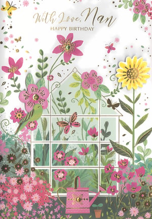 Celebrate a wonderful Nan with this enchanting 'Happy Birthday' card from Simon Elvin. Featuring a delightful garden scene, this card is bursting with vibrant pink and yellow flowers, lush greenery, and charming butterflies. A sweet little bird and a decorative watering can add to its whimsical appeal. The elegant 'With Love, Nan' and 'Happy Birthday' text is beautifully finished with gold foil, adding a touch of sparkle. Perfect for showing your Nan just how much she means to you on her special day. Each pack contains 6 cards, ready to brighten any grandmother's birthday.
