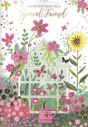 Wish a 'Happy Birthday to a Special Friend' with this charming card from Simon Elvin. Designed specifically for female friends, this card showcases a beautiful garden illustration. It features an array of pink flowers, a bright sunflower, and delicate butterflies, all set around a quaint greenhouse. The birthday message is elegantly highlighted in gold foil, adding a lovely finish. Details like a small bird and a decorative pink watering can enhance the whimsical feel. This visually appealing card offers a thoughtful way to celebrate. Available in a convenient pack of 6, it's a lovely choice for your customers.