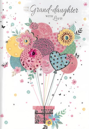Discover the perfect way to show your love with this enchanting 'Granddaughter' card from Simon Elvin. This beautifully designed card features a vibrant cluster of patterned balloons and intricate floral embellishments, creating a truly special greeting. Adorned with sparkling gem details and delicate layered elements, the cheerful design includes a charming gift box, symbolising a heartfelt present. Ideal for birthdays or just to say 'thinking of you', this card is sure to bring a smile. Available in a convenient wholesale pack of 6, it's a must-have for your card selection.