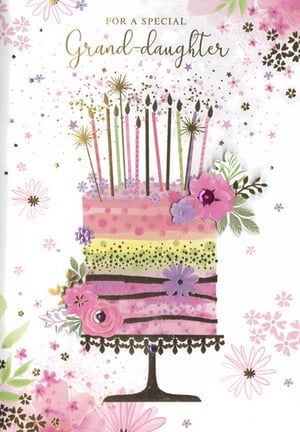 Celebrate a special granddaughter's birthday with this absolutely charming greeting card from Simon Elvin. Designed with love, this delightful card features a beautifully illustrated multi-layered cake, adorned with an array of colourful candles and sparkling toppers, perfect for making her day extra bright.
The vibrant design boasts a palette of pretty pinks, purples, and a hint of fresh green, complemented by intricate floral embellishments and a scattering of shimmering confetti. The elegant gold foil lettering proudly declares "FOR A SPECIAL Grand-daughter," adding a touch of luxury. This card is sure to bring a smile to her face. Available in a convenient pack of 6 (1x6), it's an ideal addition to your greeting card selection.