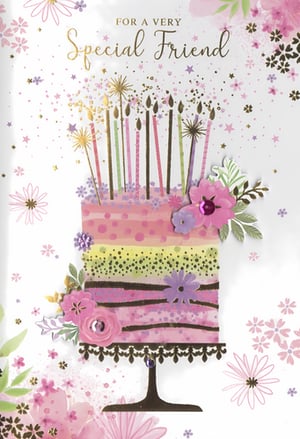 Celebrate your cherished friends with this absolutely delightful birthday card, designed specifically for a 'Friend Female'. This charming card features a beautifully illustrated multi-tiered birthday cake, adorned with an array of colourful candles and sparkling golden accents.
The cake itself is a vision of soft pinks, purples, and a hint of yellow, decorated with intricate floral embellishments and subtle glitter details that catch the light. Scattered confetti and delicate flowers in complementary shades fill the background, adding to the festive atmosphere.
With the warm message 'FOR A VERY Special Friend' elegantly scripted, this card is perfect for conveying heartfelt wishes. Supplied by Simon Elvin, each pack contains 6 identical cards, ensuring you're always ready to celebrate those special friendships in style.
