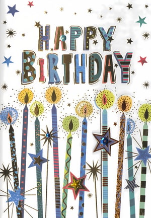 Brighten any birthday celebration with this fantastic 'Open Birthday Male' card from Simon Elvin. Featuring a lively 'Happy Birthday' message in bold, patterned letters, this design is sure to catch the eye.

A cheerful array of colourful candles, adorned with sparkling stars and glitter accents, creates a truly festive feel. Perfect for a wide range of male recipients, this card offers a vibrant and modern take on birthday greetings. Stock up your shelves with this popular choice.

Available in a convenient pack of 6, it's an excellent addition to your card selection.