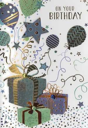 Celebrate in style with this fantastic 'Open Birthday Male' card from Simon Elvin! Designed with a modern touch, this card features a vibrant mix of blues, greens, and gold, perfect for any male recipient.

The eye-catching design showcases an array of festive balloons and stars, some with delightful textured patterns and shimmering accents. Below, a collection of beautifully wrapped gift boxes, complete with intricate bows and subtle embellishments, adds a touch of luxury. Scattered confetti and swirling ribbons complete the celebratory scene.

With its elegant design and high-quality finish, this card is sure to make any birthday special. Available in a convenient pack of 6, it's an ideal addition to your greeting card selection, offering a sophisticated option for customers looking for a stylish male birthday card.