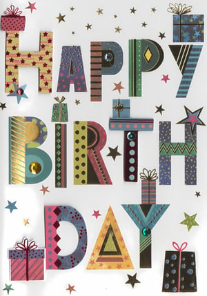 Make every birthday celebration extra special with this vibrant 'Open Birthday Male' card from Simon Elvin. Featuring a dynamic 'HAPPY BIRTHDAY' message spelled out in an array of colourful, patterned cut-out letters, this card truly pops. Each letter is uniquely designed, some adorned with sparkling gems, adding a touch of festive flair. Scattered gift boxes and twinkling stars complete the joyful scene, creating a modern and celebratory feel. Perfect for a male recipient, its eye-catching design is sure to bring a smile. Stock up your shelves with this popular choice, available in a convenient pack of 6.