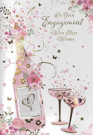 Congratulate the happy couple in exquisite style with this stunning Engagement card from Simon Elvin. Adorned with a beautiful pink and gold colour palette, the design features a celebratory champagne bottle bursting with delicate florals and a charming 'Celebration CHAMPERS' label. Two elegant champagne coupes, complete with sparkling embellishments, are surrounded by a shower of hearts and confetti. The heartfelt message 'On Your Engagement With Best Wishes' makes this card truly special. Perfect for conveying warmest congratulations, these delightful cards are supplied in a handy pack of 6.
