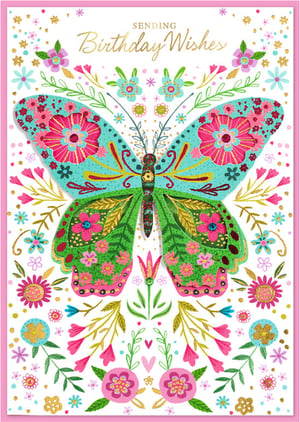 Brighten any birthday with this stunning 'Open Birthday Female' card from Simon Elvin. Featuring a magnificent butterfly, this design is a true celebration of colour and intricate detail.
The vibrant teal and pink butterfly, adorned with shimmering gold accents and delicate floral patterns, takes centre stage. Surrounded by a whimsical array of complementary blooms and foliage, the card exudes a joyful, handcrafted feel. The 'Sending Birthday Wishes' message, elegantly scripted in gold, adds a touch of sophistication.
Perfect for a wide range of female recipients, this beautiful card is sure to make any birthday feel extra special. Available in a convenient pack of 6, it's an ideal choice for your greeting card selection.