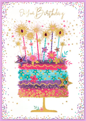 Brighten any birthday with this dazzling 'Open Birthday Female' card from Simon Elvin. Featuring a wonderfully vibrant, multi-tiered cake illustration, this card is bursting with celebratory charm. Rich pinks, purples, and teals are adorned with sparkling gold accents, whimsical patterns, and glittery star and flower details. The cake is topped with festive sparkler-like candles, adding an extra touch of magic. With the elegant 'On Your Birthday' message, it's the perfect way to send warm wishes to any special woman or girl. Each pack contains 6 stunning cards, ready to delight your customers.
