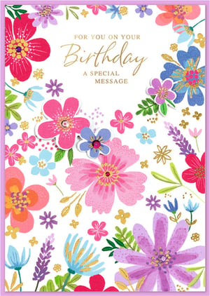 Brighten someone's special day with our beautiful Open Birthday Female card! This delightful card features a stunning array of colourful flowers in vibrant shades of pink, purple, blue, and red, complemented by charming gold accents that add a touch of sparkle. Perfect for sending a heartfelt message, its cheerful and bright design is sure to bring a smile to any recipient. Each pack contains 6 gorgeous cards, supplied by Simon Elvin, ensuring you'll always have a lovely birthday greeting ready for those special occasions. A truly wonderful way to celebrate!