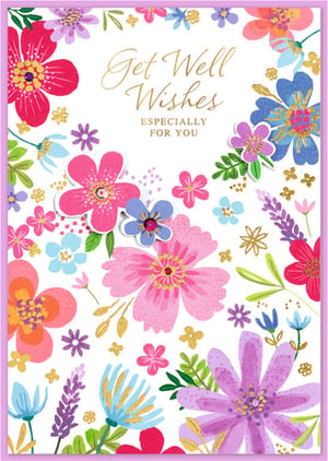 Send heartfelt wishes with our beautiful 'Get Well Female' card, designed to bring a burst of cheer to anyone feeling under the weather. This exquisite card features a vibrant array of hand-painted style flowers in joyful pinks, purples, blues, and reds, all accented with delicate golden details.

The elegant gold script on the front reads 'Get Well Wishes ESPECIALLY FOR YOU,' conveying a truly personal and caring message. Its bright and uplifting design is perfect for brightening spirits and letting someone know you're thinking of them. Stock up on these lovely cards, available in a convenient pack of 6, and offer your customers a truly special way to express their care.