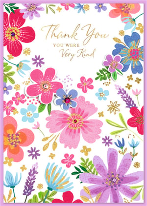 Offer your customers a lovely way to say thank you with this charming card from Simon Elvin. Featuring a bright and colourful floral design, this card showcases a variety of flowers in pink, blue, purple, and red tones. Subtle gold details add a touch of shimmer to the cheerful artwork. The message "Thank You, You Were Very Kind" is elegantly presented in gold lettering, making it ideal for expressing sincere appreciation. This versatile card is suitable for many occasions where gratitude is due. Available in a convenient pack of 6, it's a great addition to any greeting card selection.