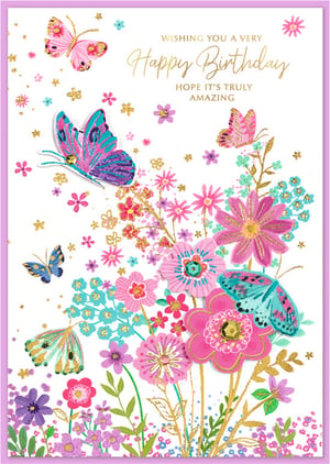 Wish someone a truly amazing birthday with this gorgeous card!
Bursting with vibrant colours and delicate details, this beautiful birthday card is sure to bring a smile. It features a delightful array of pretty pink, purple, and teal flowers, adorned with shimmering gold accents and sparkling glitter, creating a truly eye-catching design. Beautiful butterflies in complementary hues flutter gracefully across the card, adding an extra touch of charm and elegance.
The heartfelt message, "Wishing you a very Happy Birthday, Hope it's truly amazing," perfectly complements the cheerful artwork. Ideal for any female recipient, this 'Open Birthday Female' card is a wonderful way to celebrate their special day and make them feel cherished. A truly lovely choice for a special birthday.