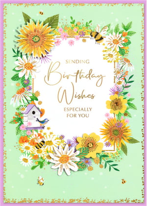 Brighten someone's special day with this beautiful Open Birthday Female card from Simon Elvin. This delightful design features a vibrant array of sunflowers and cheerful daisies, some with a lovely layered effect, all set against a fresh, soft green background. Adorned with buzzing bees, a charming birdhouse, and delicate shimmering accents, the card exudes a warm, natural feel. The elegant gold-foiled frame beautifully highlights the heartfelt message: "Sending Birthday Wishes Especially For You." Perfect for celebrating any female recipient, these cards are supplied in a convenient pack of 6, making them a wonderful addition to your greeting card selection.