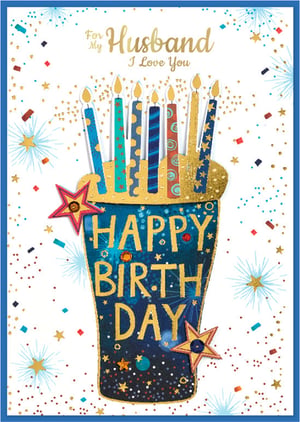 Celebrate your husband's special day with this vibrant birthday card from Simon Elvin. Featuring a striking design, it showcases a collection of patterned candles in blues, teals, and golds, set against a backdrop of sparkling confetti and stars. The heartfelt message 'For My Husband I Love You' is elegantly displayed, alongside a bold 'Happy Birthday'. Adorned with glitter and star embellishments, this card offers a truly festive feel. It's an eye-catching addition to any card display. Available in a convenient pack of 6, this 'Husband' card is perfect for retailers looking for quality and charm.