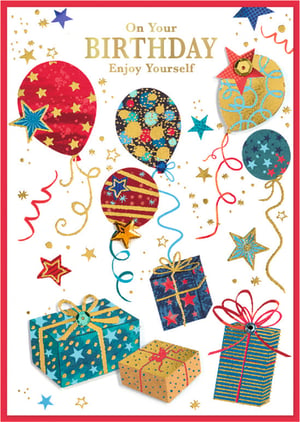 Send warm birthday wishes with our vibrant 'Open Birthday Male' card. This festive design features a delightful array of colourful balloons, beautifully wrapped gifts, and shimmering stars, all set against a crisp white background. Gold accents add a touch of elegance, while the message 'On Your BIRTHDAY Enjoy Yourself' conveys a cheerful sentiment. It's a wonderful choice for celebrating the special men in your life, offering a stylish and celebratory way to mark their big day.
