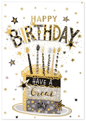 Presenting the 'Open Birthday Male' card from Simon Elvin, a truly eye-catching design perfect for any celebration. This stylish card features a sophisticated palette of gold, black, and grey, adorned with shimmering stars and confetti details. The prominent "HAPPY BIRTHDAY" message is beautifully complemented by a multi-layered birthday cake illustration, complete with glowing candles and the heartfelt wish "HAVE A Great DAY". Its modern and elegant aesthetic makes it a versatile choice for a wide range of recipients. Stock up with this fantastic card, available in a convenient pack of 6, and offer your customers a premium option for sending their best wishes.