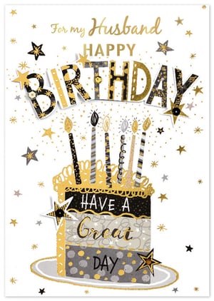 Celebrate your Husband's special day with this stylish birthday card from Simon Elvin. Adorned with a sophisticated gold, black, and grey palette, the design features sparkling stars and confetti, creating a truly festive feel. A modern tiered cake, complete with glowing candles, takes centre stage, while the heartfelt message 'For my Husband, Happy Birthday, Have a Great Day' is beautifully presented. This elegant card is perfect for making his birthday memorable. Available in a convenient pack of 6, it's an excellent addition to your greeting card selection.