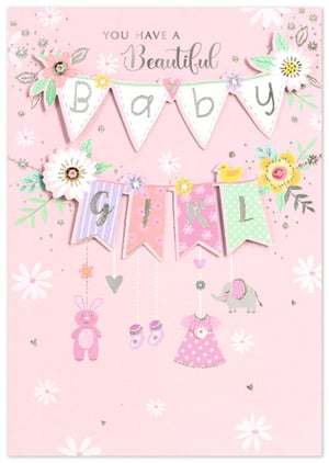 Celebrate the arrival of a precious little one with our delightful 'Birth Congrats Girl' card from Simon Elvin. This charming card is bursting with sweetness, featuring a lovely pink background adorned with delicate white flowers and shimmering glitter accents.
Two adorable bunting banners proudly spell out 'BABY GIRL' in sparkling silver, complemented by beautiful floral embellishments and cute heart details. Below, a sweet pink bunny, tiny baby booties, a starry pink dress, and a friendly grey elephant dangle playfully, adding an extra touch of charm. Perfect for welcoming a new baby girl, this card is sure to bring joy to any new parents. Available in a convenient pack of 6, these cards are a must-have for your retail collection.