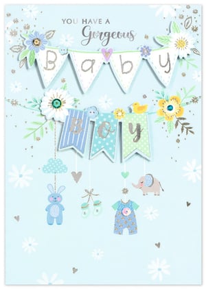 Celebrate the arrival of a precious little one with our delightful 'Birth Congrats Boy' card. This charming design features a soft blue background, adorned with delicate white flowers and shimmering silver hearts. Elegant banners proudly announce 'YOU HAVE A Gorgeous BABY BOY', enhanced with sparkling glitter and lovely raised details.
Sweet hanging elements add to its appeal, including a cute bunny, tiny baby booties, an adorable romper, and a gentle elephant. This card is perfect for conveying heartfelt congratulations to new parents. Supplied by Simon Elvin, each pack contains 6 cards, ready to bring joy to your customers.