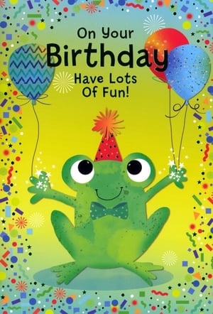 Celebrate a special day with this charming "Open Birthday Male" card from Simon Elvin. The design features a friendly green frog, dressed for the occasion in a party hat and a smart bow tie. It's surrounded by a lively burst of colourful confetti, sparkling stars, and bright balloons, all set against a cheerful yellow background. The clear message, "On Your Birthday Have Lots Of Fun!", conveys warm wishes for a joyful celebration. This card is a lovely option for customers looking for a fun and engaging way to mark a male birthday. Stock up with our convenient 1x6 pack to offer a delightful choice in your greeting card range.