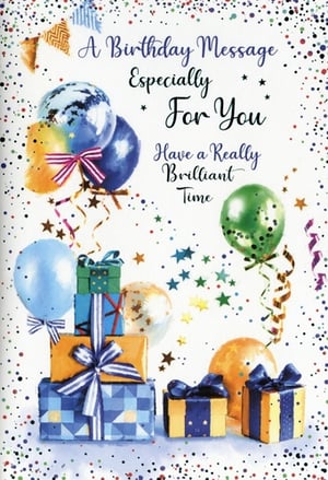 Make their special day truly memorable with our vibrant 'Open Birthday Male' card from Simon Elvin. This delightful design bursts with celebratory cheer, featuring a colourful array of balloons, beautifully wrapped gifts, and sparkling confetti. Adorned with a heartfelt message, "A Birthday Message Especially For You, Have a Really Brilliant Time," it's the perfect way to send warm wishes. The lively mix of blues, greens, and golds, alongside playful stars, creates an uplifting feel. Stock up with this fantastic card, available in a convenient pack of 6, ready to bring joy to any birthday celebration.