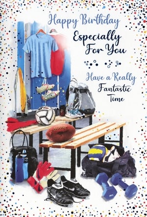 Celebrate his special day with our vibrant 'Open Birthday Male' card from Simon Elvin. This eye-catching design features a fantastic sports theme, perfect for any active man. The detailed illustration showcases a locker room brimming with athletic gear, from footballs and dumbbells to sports shoes and kit, all set against a cheerful confetti background. The heartfelt message, "Happy Birthday Especially For You Have a Really Fantastic Time," adds a personal touch. Ideal for sons, brothers, dads, or friends who love sports and fitness. Stock up on this popular design, available in a convenient pack of 6, to offer your customers a high-quality, engaging birthday card.