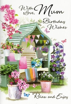 Help your customers celebrate Mum in style with this enchanting Simon Elvin birthday card. Featuring a truly delightful garden scene, it's the perfect way to send warm wishes. The charming design showcases a peaceful swing seat, adorned with colourful bunting and surrounded by an abundance of vibrant potted flowers. Delicate butterflies add a touch of magic, while the messages "With Love, Mum Birthday Wishes" and "Relax and Enjoy" convey heartfelt sentiment. Each pack contains 6 cards, ensuring you're well-stocked for this popular occasion. This lovely card is designed to bring joy and a moment of serenity to any Mum, making it a wonderful addition to your greeting card selection.
