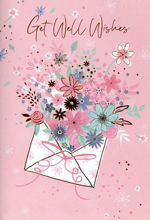 Brighten someone's day with our delightful 'Get Well Female' card. This charming design features a vibrant bouquet of pink, blue, and purple flowers, elegantly arranged and spilling from a beautifully illustrated envelope tied with a delicate pink ribbon. Adorned with shimmering gold accents and the heartfelt message 'Get Well Wishes' in elegant script, this card offers a comforting touch. The soft pink background, sprinkled with subtle floral details, creates a truly uplifting feel. Perfect for sending warm wishes, these cards come in a convenient pack of 6, ideal for keeping your shelves stocked with thoughtful options.