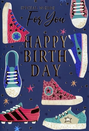 Lace up for a fantastic celebration with our vibrant Open Birthday Male card! This eye-catching design features a dynamic array of colourful trainers, high-tops, and football boots, all set against a stylish deep blue background. Glistening gold metallic lettering wishes 'SPECIAL WISHES For You HAPPY BIRTHDAY', adding a touch of premium sparkle. Perfect for anyone who appreciates cool footwear and a standout greeting, this card is a brilliant choice for a memorable birthday. Available in a convenient pack of 6, it's an excellent addition to your retail card collection.