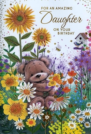 Celebrate a special Daughter's birthday with this delightful card from Simon Elvin. This charming design features an adorable teddy bear nestled amongst a vibrant array of sunflowers, daisies, and colourful garden blooms. A sweet birdhouse with a little blue bird and a busy bee add to the cheerful scene, creating a truly heartwarming image.

The card's message, 'FOR AN AMAZING Daughter ON YOUR BIRTHDAY', perfectly complements the loving artwork, making it an ideal choice for her special day. Stock up on these beautiful cards, available in a convenient 1x6 pack, ready to bring joy to your customers.