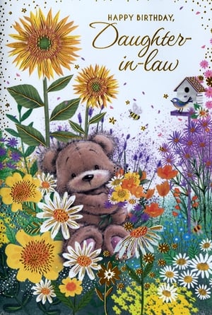 Make her birthday truly special with this delightful 'Daughter In Law' card, brought to you by Simon Elvin. This charming design features an adorable teddy bear nestled amongst a vibrant garden of sunflowers, cheerful daisies, and a medley of colourful blooms. A busy bee flits by, and a sweet blue bird perches on its birdhouse, adding to the enchanting, heartwarming scene. With its elegant 'Happy Birthday, Daughter in-law' message, this card is perfect for conveying your warmest wishes. Supplied in a convenient pack of 6, it’s an ideal choice for retailers looking to offer a beautiful and thoughtful option for this special occasion.