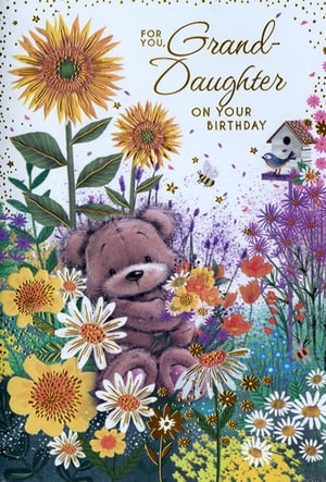 Delight your customers with this charming 'Granddaughter' birthday card from Simon Elvin. This beautiful design features an adorable teddy bear nestled amongst a vibrant garden of sunflowers, daisies, and colourful blooms, creating a truly heartwarming scene. Gold foil accents on the text and floral details add a touch of sparkle and luxury, making it a truly special card for any granddaughter. With a friendly bee buzzing and a sweet bird perched on its birdhouse, this card captures the joy of a perfect birthday. Supplied in a convenient pack of 6, it's an ideal addition to your greeting card selection, sure to bring smiles to both sender and recipient.