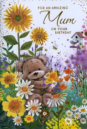 Offer your customers the perfect way to celebrate with this delightful "Mum" birthday card from Simon Elvin. This charming design features an adorable teddy bear nestled amongst a vibrant, colourful garden, brimming with sunflowers, daisies, and an array of beautiful blooms. A sweet blue bird perches on a birdhouse, while busy bees add to the cheerful, nature-inspired scene.

The card proudly displays the heartfelt message "FOR AN AMAZING Mum ON YOUR BIRTHDAY" in elegant script. Finished with subtle glitter details for an extra touch of sparkle, this card is sure to make any Mum feel truly special. Available in a convenient pack of 6, these cards are an ideal addition to your greeting card selection, ready to bring joy to every amazing Mum.
