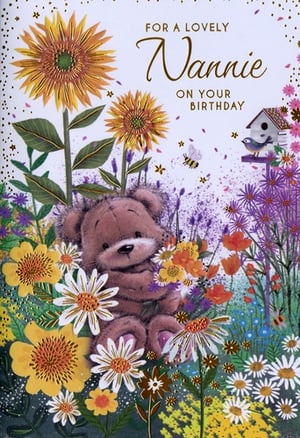 Celebrate a special Nannie's birthday with this wonderfully charming card from Simon Elvin. Featuring an adorable teddy bear nestled amongst a vibrant, sun-drenched garden of sunflowers, daisies, and colourful wildflowers, it's a truly heartwarming design. A busy bee and a sweet bird perched on a birdhouse add extra detail to this lovely scene. The elegant 'Nannie' script makes it perfect for a beloved grandmother. This card is an excellent addition to any retail display, offering a beautiful and affectionate choice for customers. Supplied in a handy pack of 6, ensuring you're well-stocked for every occasion.