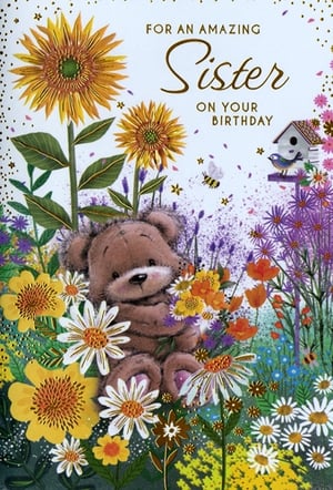 Celebrate a special sister's birthday with this absolutely charming card from Simon Elvin. Featuring an adorable teddy bear nestled amongst a vibrant array of sunflowers, daisies, and colourful wildflowers, it's a truly heartwarming design. The sweet scene includes a busy bee and a little bird on a birdhouse, adding to its delightful appeal. With the loving message "FOR AN AMAZING Sister ON YOUR BIRTHDAY" beautifully displayed, this card is perfect for showing appreciation. Your customers will adore this thoughtful choice for their beloved sisters. Available in a convenient pack of 6.