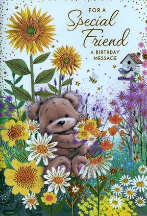 Delight your customers with this charming 'Friend Female' birthday card from Simon Elvin. Featuring an adorable teddy bear nestled amongst a vibrant garden of sunflowers, daisies, and lavender, this card is bursting with warmth and cheer. A sweet little bird perched on a birdhouse and a busy bee add to the idyllic scene, making it perfect for celebrating a special friend. The elegant gold foil lettering reads 'For a Special Friend, A Birthday Message', adding a touch of sophistication. This beautiful design is sure to bring a smile to any recipient's face. Available in a convenient pack of 6.