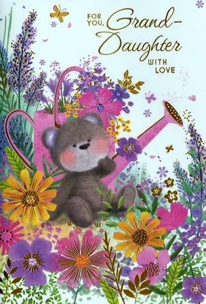 Offer your customers a beautiful way to celebrate their granddaughter with this charming card from Simon Elvin. The design showcases an endearing teddy bear nestled among a vibrant garden of colourful flowers, complete with lavender and a pretty pink watering can. Golden butterflies add a touch of whimsy to the scene. The heartfelt message, "FOR YOU, Grand-Daughter WITH LOVE," is elegantly presented in gold script, making it a wonderful choice for birthdays, special achievements, or simply to express affection. Each wholesale pack contains 6 of these lovely cards, perfect for retail display.