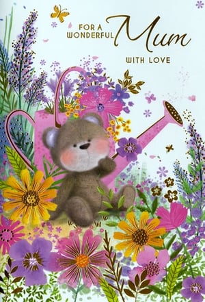 Celebrate the wonderful Mum in your life with this charming greeting card from Simon Elvin. This delightful design features an adorable teddy bear, surrounded by a vibrant array of colourful flowers and delicate butterflies, all set against a whimsical pink watering can. The heartfelt message, 'FOR A WONDERFUL Mum WITH LOVE', is beautifully presented, making it the perfect choice for Mother's Day, a birthday, or just to send a special note of appreciation. Its sweet illustration and warm sentiment are sure to bring a smile to any Mum's face. A truly lovely card to show your love.