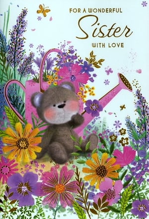 Show your sister just how wonderful she is with this charming greeting card! Featuring an adorable teddy bear nestled amongst a vibrant garden of colourful flowers and a pink watering can, this card is bursting with warmth and affection. Butterflies flutter around, adding to the delightful scene. The message "For a Wonderful Sister With Love" perfectly expresses your heartfelt sentiments.

Supplied by Simon Elvin, these beautiful cards come in a convenient pack of 6, making them ideal for your retail display. A truly lovely way to celebrate a special sister, this design is sure to bring a smile.