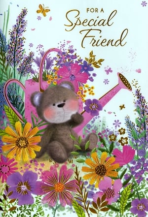 This lovely greeting card is perfect for sending heartfelt wishes to a special female friend. It features an adorable teddy bear sitting peacefully amidst a beautiful array of colourful flowers, with a charming pink watering can adding to the garden scene. The elegant gold script on the front reads "FOR A Special Friend", making it ideal for various occasions. With its cheerful design and vibrant mix of purples, pinks, and yellows, this card is sure to brighten anyone's day. A thoughtful choice for your customers, supplied by Simon Elvin in a pack of 6.