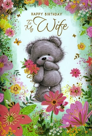 Help your customers celebrate their wonderful wives with this charming birthday card from Simon Elvin. This delightful design features an adorable grey bear, clutching a vibrant bouquet, nestled amongst a beautiful border of colourful blooms, buzzing bees, and delicate butterflies. The sweet illustration and elegant 'Happy Birthday To My Wife' message make it a truly special choice. Perfect for expressing love and appreciation, this card is sure to bring a smile. Available in a convenient pack of 6, it's an ideal addition to your greeting card selection.