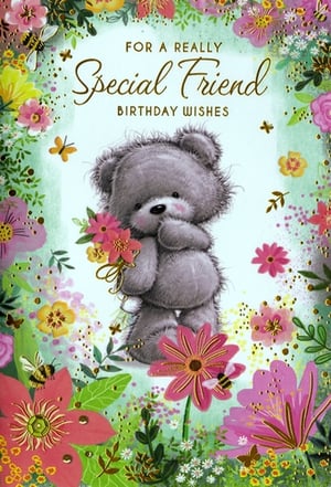 Celebrate a truly special friend's birthday with this delightful card from Simon Elvin. Adorned with a charming teddy bear holding a floral bouquet, surrounded by vibrant flowers, buzzing bees, and delicate butterflies, it's a truly heartwarming design. The elegant "For a Really Special Friend Birthday Wishes" message is perfect for conveying warm sentiments to any valued female friend. With beautiful gold accents, this card offers a premium feel that recipients will adore. Stock up with our convenient 1x6 pack size, ensuring you have the perfect card for every occasion.