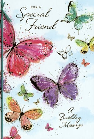 Celebrate a special friend's birthday with this beautiful card from Simon Elvin. Featuring a delightful array of colourful butterflies in various sizes and vibrant hues, this card is sure to bring a smile. The artistic watercolour-style butterflies, in shades of pink, purple, teal, and orange, flutter across a serene light blue background, creating a truly eye-catching design.

With the heartfelt message "FOR A Special Friend" on the front, it's the perfect way to convey your warm wishes. Each pack contains 6 of these lovely cards, making it easy to stock up for your customers. A wonderful choice for any female friend's birthday.