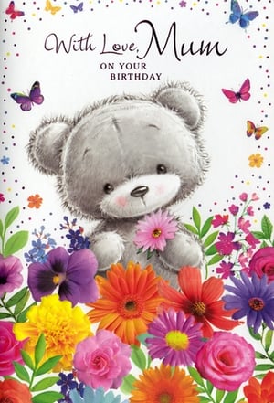 This utterly charming birthday card for Mum is bursting with warmth and colour. A sweet, fluffy grey teddy bear takes centre stage, tenderly holding a delicate pink flower. The bear is nestled amongst a beautiful garden of vibrant blooms, including cheerful gerberas, pretty pansies, and lovely roses, all brought to life with fluttering butterflies and playful confetti. The loving message 'With Love, Mum ON YOUR BIRTHDAY' makes this card a truly special way to celebrate. Stock up on this delightful design, available in handy packs of 6, and help your customers make Mum's day unforgettable.