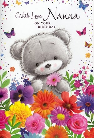 Celebrate Nanna's special day with this absolutely charming birthday card from Simon Elvin. Featuring an adorable grey teddy bear lovingly holding a pink flower, this design is bursting with vibrant colours. A beautiful array of cheerful blooms, including roses, gerberas, and pansies, frames the sweet bear, while delicate butterflies flutter around. The heartfelt message 'With Love, Nanna ON YOUR BIRTHDAY' makes it the perfect choice for grandmothers. This delightful card is sure to bring a smile to any Nanna's face. Available in a convenient pack size of 1x6, ensuring your shelves are stocked with this popular design.