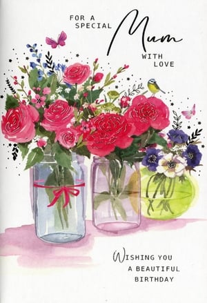 Help your customers celebrate Mum with this delightful birthday card from Simon Elvin. This charming design features a beautiful watercolour illustration of a vibrant floral bouquet, bursting with red and pink roses, delicate blue blooms, and fresh greenery. The flowers are artfully arranged in clear glass jars, complete with a sweet red ribbon detail. Adorned with whimsical butterflies and a little blue tit, this card conveys a warm and loving message: 'FOR A SPECIAL Mum WITH LOVE' and 'Wishing you A BEAUTIFUL BIRTHDAY'. Supplied in a convenient pack of 6, this card is a lovely choice for any Mum's special day.