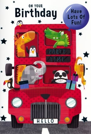 Get ready to celebrate with this delightful 'Open Birthday Male' card from Simon Elvin! Perfect for bringing a smile to any birthday boy, this vibrant design features a cheerful red double-decker bus packed with an array of friendly animal passengers. From a waving penguin and a grinning crocodile to a happy elephant and a playful panda, everyone's ready for a 'PARTY TIME'!

Adorned with scattered stars and bright gifts, the card wishes the recipient to 'Have Lots Of Fun!'. Its charming illustration and bold colours make it a wonderful choice for sending birthday wishes. Each pack contains 6 of these fantastic cards, ensuring you're well-stocked for those special occasions.