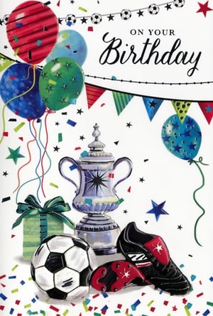 Celebrate in style with our 'Open Birthday Male' card from Simon Elvin! This vibrant design is perfect for any football fan, featuring a dynamic spread of celebratory elements. The card showcases colourful balloons, festive bunting adorned with footballs and stars, and a shower of confetti, all setting a joyful scene.

At the heart of the design, a gleaming silver trophy, a classic football, and stylish football boots capture the excitement of the beautiful game. A neatly wrapped gift box adds to the birthday cheer. With its lively imagery and versatile 'On Your Birthday' message, this card is an ideal choice for male recipients of all ages. Available in a convenient pack of 6, it's a fantastic addition to your greeting card selection.