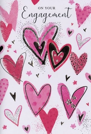 Celebrate happy news with our beautiful 'Engagement' cards. These delightful cards feature a vibrant array of pink hearts, adorned with shimmering glitter and elegant metallic accents, creating a truly eye-catching design. The stylish script 'ON YOUR Engagement' perfectly conveys warm wishes for the happy couple.

Perfect for retailers looking to offer a charming and contemporary option for this special milestone. Supplied by Simon Elvin, each wholesale pack contains 6 identical cards, ensuring you're well-stocked for customer demand. A lovely choice that customers will adore.